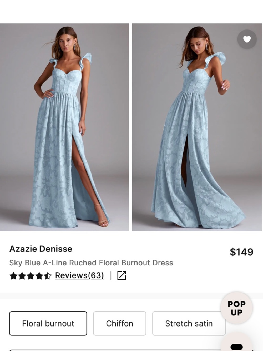 Azazie Sky Blue A-Line Sweetheart Floral Burnout Gown